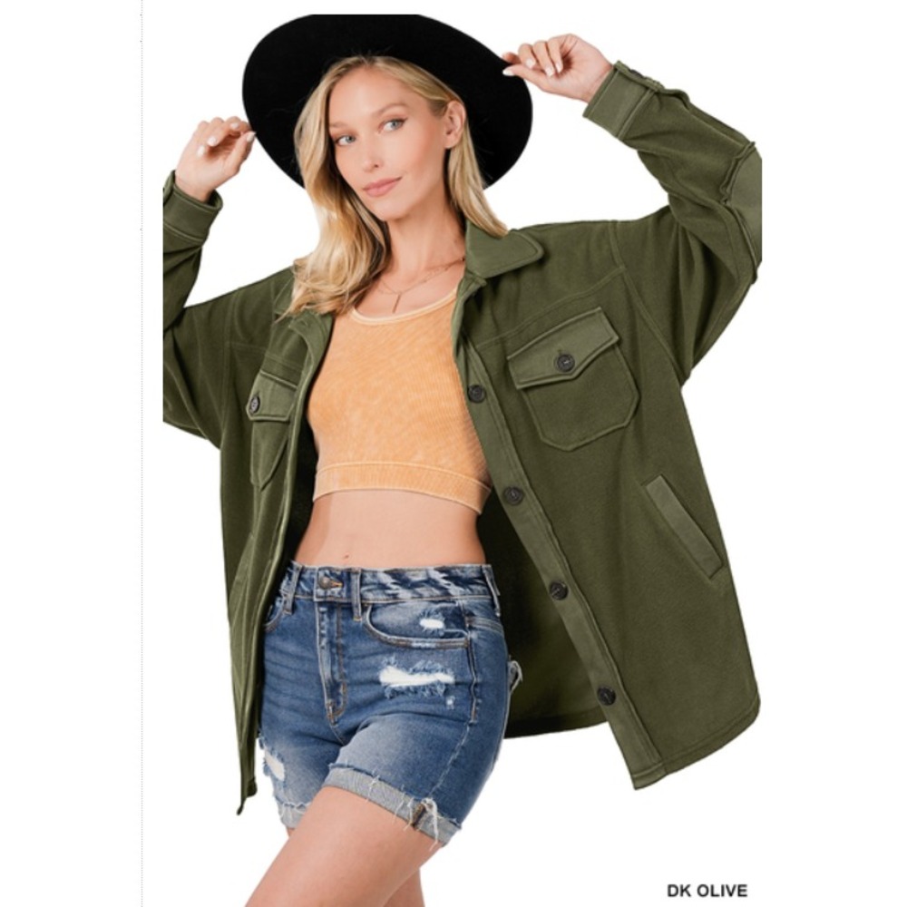145 Zenana Dark Olive Green Fleece Shacket Button Front Elbow Patch Medium (BB7)